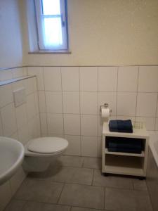 La salle de bains blanche est pourvue de toilettes et d'un lavabo. dans l'établissement Ferienwohnung Kopold "Im alten Schulhaus", à Pöttmes