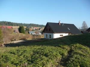 una casa in cima a una collina erbosa di Wellness Chata Rosnatka a Kvilda