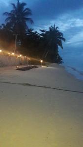 una playa de noche con palmeras y luces en Jungle Hut Bungalows & Hotel, en Haad Chao Phao
