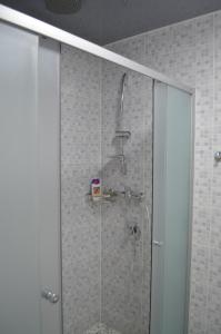 eine Dusche mit Glastür im Badezimmer in der Unterkunft 1-комнатная на левом берегу Днепра in Dnipro