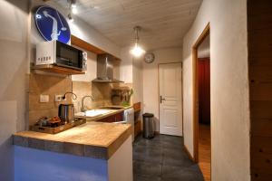 uma cozinha com uma bancada e um micro-ondas em petite maison à Huez em LʼHuez