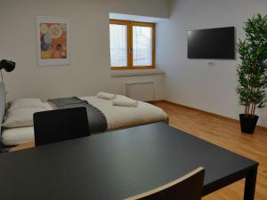 a room with a bed and a table and a tv at PUBYLAND ROOMS & APARTMENTS in Rogatec