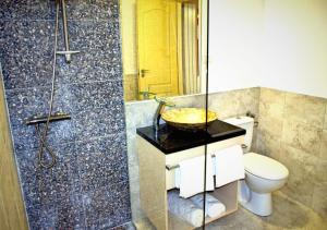 a bathroom with a toilet and a shower and a sink at iVΛVƏV IS US in Eforie Sud