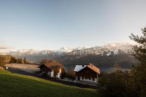 a barn on a hill with mountains in the background at Chalet Fernblick in Beatenberg