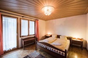 una camera con un letto e due finestre e un lampadario a braccio di Chalet Fernblick - Panoramic view a Beatenberg
