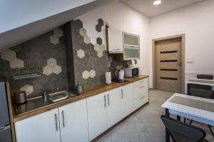 a kitchen with white cabinets and a sink and a counter at Na Rozdrożu in Odrzykoń +13 photos