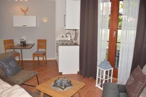 ein Wohnzimmer mit einem Sofa und einem Tisch sowie eine Küche in der Unterkunft Hoffmann's Apartment in der Residenz Bocksbergblick in Hahnenklee-Bockswiese