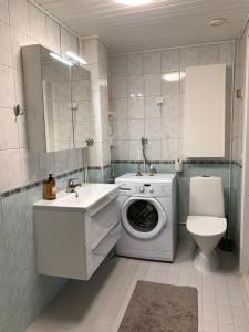 a bathroom with a washing machine and a sink at Little house with sauna in Lahti +21 photos