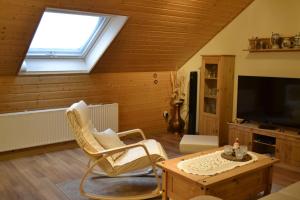 a living room with a skylight and a tv at Haus Moser in Wildensee