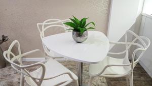ein weißer Tisch und Stühle mit einer Pflanze drauf in der Unterkunft Apartmán LIANA Hrebienok C107 in Starý Smokovec