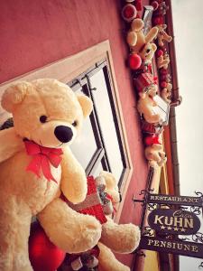 a large teddy bear sitting next to a mirror at Casa Kuhn in Sighişoara