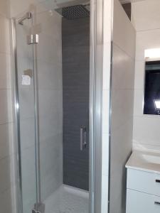 W łazience znajduje się prysznic ze szklanymi drzwiami. w obiekcie Appartement 4/6 pers plein sud. Front de neige w mieście Isola 2000