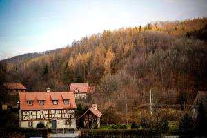 una casa con techo rojo frente a una montaña en Dom Tkacza, en Pieszyce