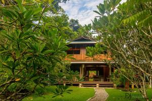 een huis wordt gezien door de bomen bij Casa Mil Flores in Cabo Matapalo