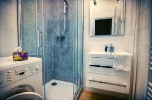 a bathroom with a shower and a washing machine at Apartment Anna Vysehrad in Prague
