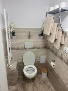 uma pequena casa de banho com WC e toalhas em Smiley Rezident em Sibiu
