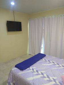 1 dormitorio con 1 cama y TV en la pared en Pinamar pato duplex - Solo Familias en Pinamar