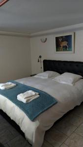 a bedroom with a bed with two towels on it at Les Guernazelles in Bracieux