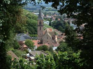 a small town with a church in the distance at La Maison des Tanneurs in Ribeauvillé