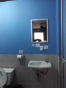a blue bathroom with a sink and a mirror at Transilvania in Baños +28 photos