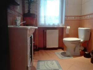 łazienka z toaletą, umywalką i oknem w obiekcie Noclegi16 w mieście Bolesławiec +35 zdjęć
