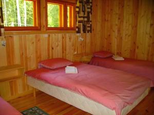 two beds in a room with wooden walls and windows at Kivi Turismitalu in Vardi