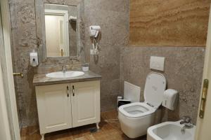 La salle de bains est pourvue de toilettes, d'un lavabo et d'un miroir. dans l'établissement Castle Konti, à Tirana