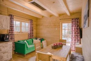 ein Wohnzimmer mit einem grünen Sofa und einem Tisch in der Unterkunft Apartment Fuchsbau in Lachtal