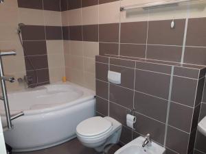 a bathroom with a toilet and a tub and a sink at Elijos apartamentai in Šventoji +12 photos