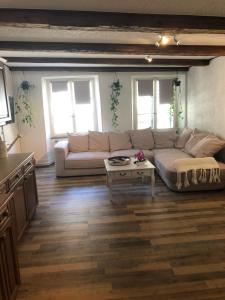 ein Wohnzimmer mit Sofa und Tisch in der Unterkunft Appart'Hôtel HG in Pruntrut