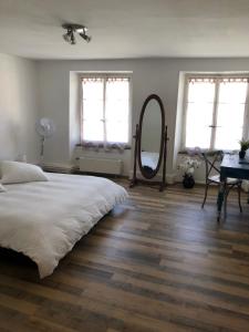 ein Schlafzimmer mit einem großen Bett und einem Spiegel in der Unterkunft Appart'Hôtel HG in Pruntrut