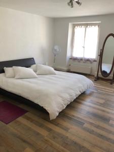 ein Schlafzimmer mit einem Bett, einem Fenster und einem Spiegel in der Unterkunft Appart'Hôtel HG in Pruntrut + 16 Fotos