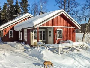 a dog standing in the snow in front of a house at Holiday Home Pajaranta by Interhome in Hara