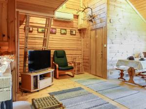 sala de estar con TV y silla verde en Holiday Home Piilola by Interhome en Raanujärvi