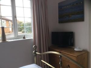 1 dormitorio con 1 cama, TV y ventana en Bub Lane Cottage en Christchurch