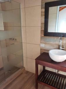 y baño con lavabo y ducha acristalada. en Duplex 2 dormitorios a mt del rio Brezza di Fiume en Los Reartes
