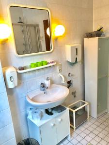 a bathroom with a sink and a mirror at Ferienwohnung in Binger Stadtmitte mit Balkon in Bingen am Rhein