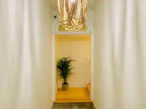 a hallway with a potted plant and a chandelier at The Arch - Charming Apartments in the Historic Center in Braga
