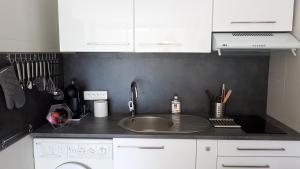 eine Küche mit einer Spüle und einer Arbeitsplatte in der Unterkunft Saint-Florent, Agréable Studio Climatisé, Vue Panoramique Sur Le Golfe in Saint-Florent