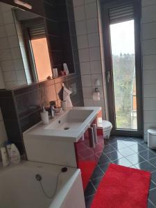 ein Badezimmer mit einem weißen Waschbecken und einem roten Teppich in der Unterkunft Penthouse HEART OF SLAVONIA **** in Ðakovo