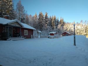a snow covered yard in front of a cabin at Kramer Stugan in Vikarbyn
