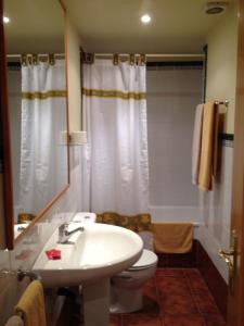 y baño con lavabo, aseo y ducha. en Apartamentos Residencial Fornocal, en Alquézar