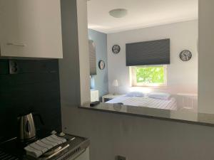 een keuken met een bed en een raam in een kamer bij Celic Art Apartments in Zagreb