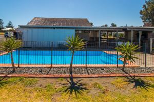 a swimming pool with palm trees in front of a house at Whanganui Seaside Holiday Park in Whanganui