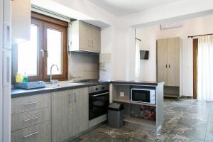 a kitchen with a sink and a microwave at Alexandros Hotel Apartments in Vourvourou