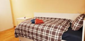 un letto con una coperta a quadri e due cuscini di Private Bedroom Bertrange a Bertrange
