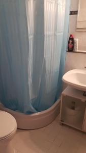 a bathroom with a shower curtain and a toilet and a sink at Appartement Altstadt Mainz in Mainz