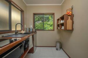 a kitchen with a sink and a window at Rainbow Villas in Rarotonga