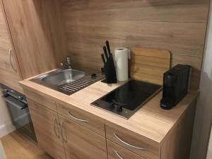 a small kitchen with a sink and a microwave at Perkeo Apartments in Heidelberg