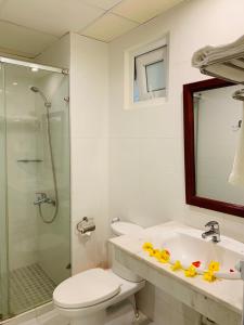 y baño con aseo, lavabo y ducha. en Ha Anh Hotel - Mui Ne, en Mui Ne